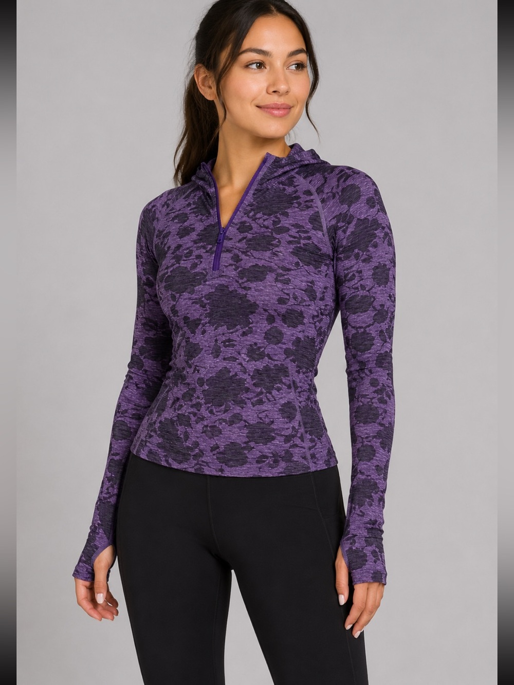 #658 Athleta Momentum Floral 1/2 Zip Wandering Basalt Violet XS